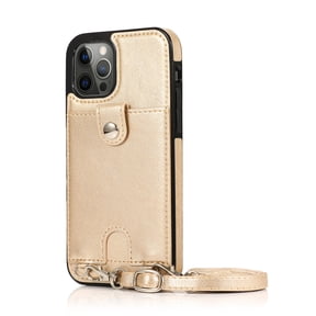 for iPhone 15 Pro Max Crossbody PU Leather Case, with Card Slot Holders Wallet Protective Case Adjustable Shoulder Strap Drop Protection Compatible with Apple iPhone 15 Pro Max, Gold