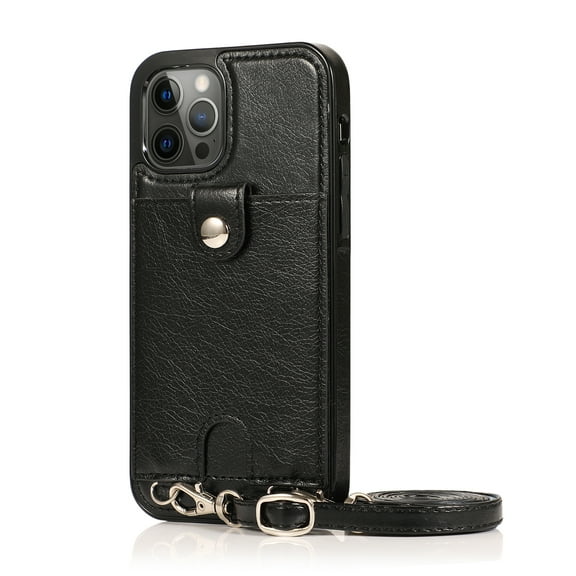 for iPhone 15 Pro Max Crossbody PU Leather Case, with Card Slot Holders Wallet Protective Case Adjustable Shoulder Strap Drop Protection Compatible with Apple iPhone 15 Pro Max, Black