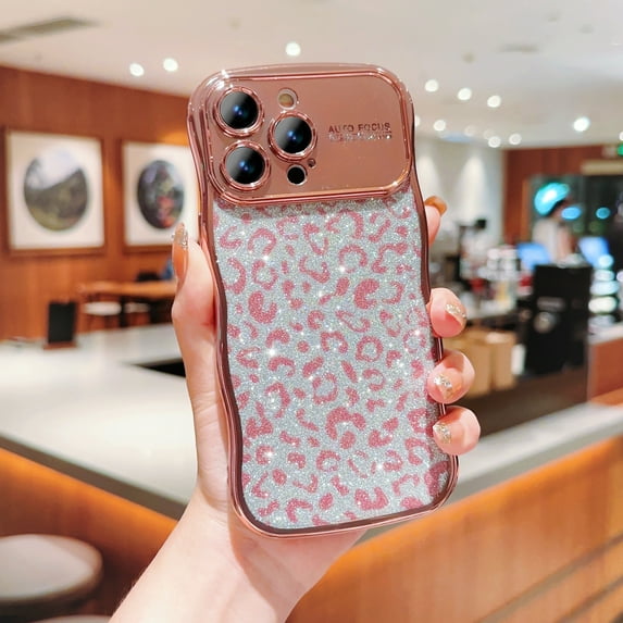 for iPhone 15 Pro Max - Curly Wave Edge Design, Transparent Bling Glitter Leopard Shiny Case, Cute Clear Full Protection TPU Shockproof Rugged Phone Cover Case for Women and Girls,Rosegold
