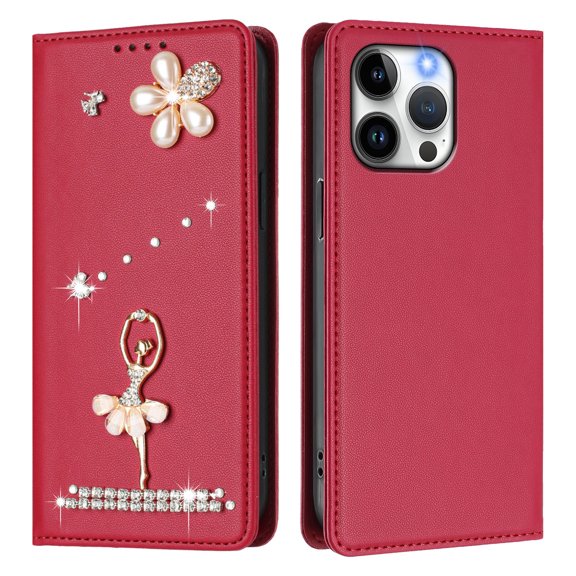 For iPhone 15 Pro Max Flip Phone Case,Luxury Diamond Pearl Ballet Dancer Pattern Design,Anti-Scratch PU Leather Flip Folio Foldable Kickstand,Card Slots,Shockproof Wallet Phone Case,Red