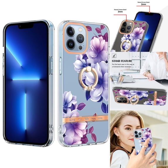For iPhone 15 Pro Max Floral Case with Ring Holder Kickstand - Slim and Lightweight, Military-Grade Shockproof Protection, Women & Girls' Style Case Designed for iPhone 15 Pro Max, Purple Flower
