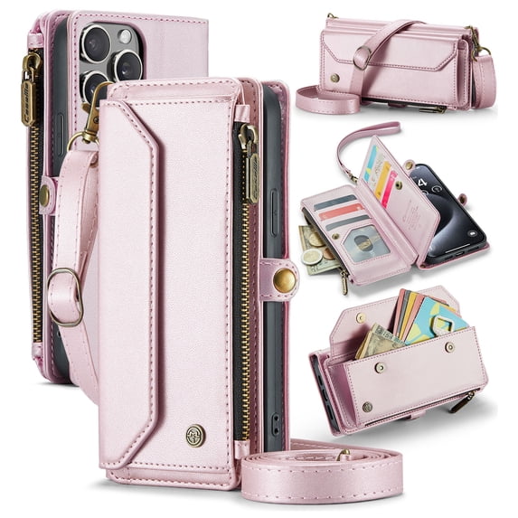 for iPhone 15 Pro Max Full Body Protection Wallet Folio Flip Case, Shoulder Strap & Wristlet Card Slots Zipper Pocket RFID Blocking Rugged Durable PU Leather Phone Case Cover, Pink