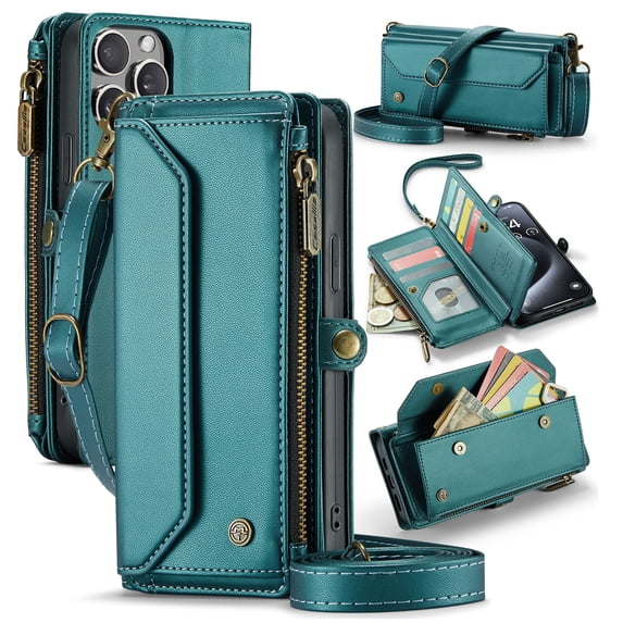 for iPhone 15 Pro Max Full Body Protection Wallet Folio Flip Case, Shoulder Strap & Wristlet Card Slots Zipper Pocket RFID Blocking Rugged Durable PU Leather Phone Case Cover, Green