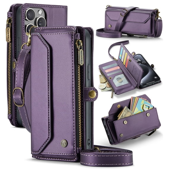 for iPhone 15 Pro Max Full Body Protection Wallet Folio Flip Case, Shoulder Strap & Wristlet Card Slots Zipper Pocket RFID Blocking Rugged Durable PU Leather Phone Case Cover, Purple