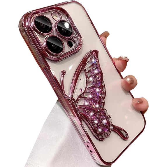 for iPhone 15 Pro Max Glitter 3D Butterfly Case, Cute Luxury Bling Sparkle Liquid Flowing Case with Camera Lens Protector Plating Bumper Women Girls Case for iPhone 15 Pro Max 6.7" (Silver)