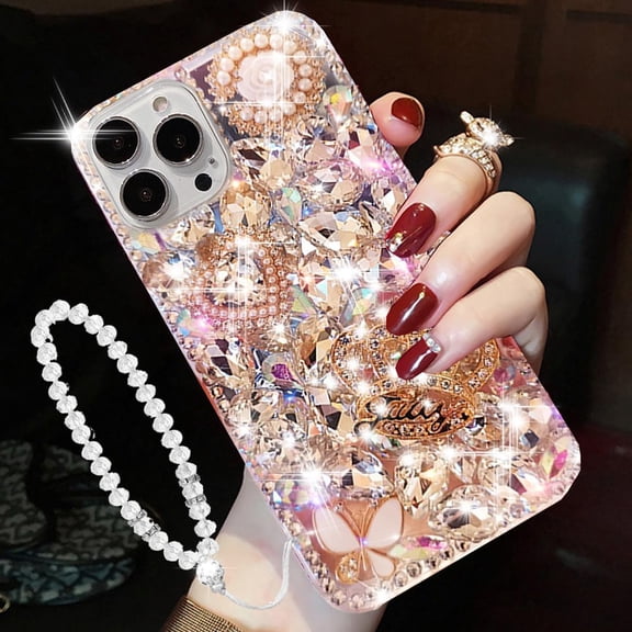 for iPhone 15 Pro Max Glitter Bling Case, Cute 3D Crown Heart Crystal Rhinestone Diamond Sparkle Shiny Gems Pearl with Wrist Strap Women Girls Phone Case for iPhone 15 Pro Max 6.7 inch (Pink)