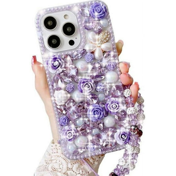 for iPhone 15 Pro Max Glitter Bling Case,Cute Luxury 3D Crystal Rhinestone Diamond Sparkle Shiny Gems Flower Pearl with Lanyard Wrist Strap Women Girl Case for iPhone 15 Pro Max 6.7" (Purple)
