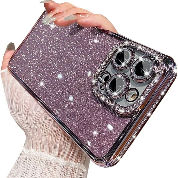 for iPhone 15 Pro Max Glitter Bling Case,Luxury Sparkly Diamond Rhinestone with Camera Lens Protector Glitter Paper TPU Plating Bumper Slim Women Girl Case for iPhone 15 Pro Max 6.7" (Purple)