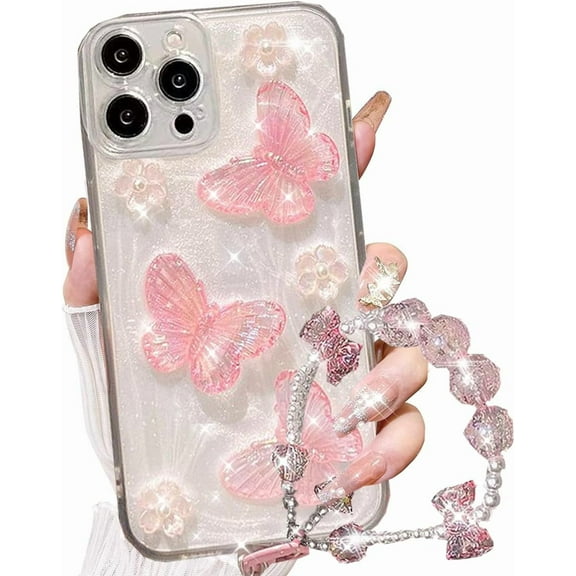 for iPhone 15 Pro Max Glitter Butterfly Case, Cute Girly 3D Flower Floral Pearl Bling Sparkle with Wrist Strap Chain Soft TPU Aesthetic Women Girls Protective Case for iPhone 15 Pro Max,Pink
