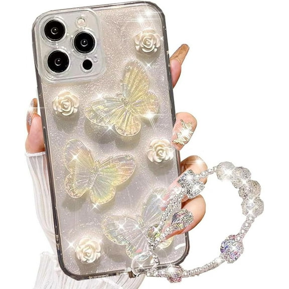 for iPhone 15 Pro Max Glitter Butterfly Case, Cute Girly 3D Flower Floral Pearl Bling Sparkle with Wrist Strap Chain Soft TPU Aesthetic Women Girls Protective Case for iPhone 15 Pro Max,White