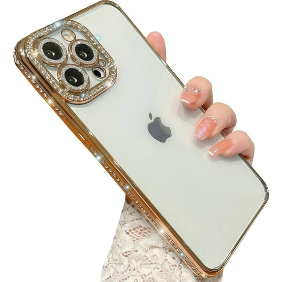 iPhone 15 Pro Max Glitter Case, Clear Glitter Shiny Shockproof Diamond Rhinestone Bling Full Camera Protection Soft Women Girls Case for iPhone 15 Pro Max -Gold