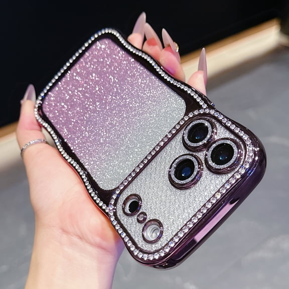for iPhone 15 Pro Max Glitter Wave Case, Electroplated Gradient Diamond Protective Cover with Lens Protector, Wireless Charging Compatible for Girls Women, Purple
