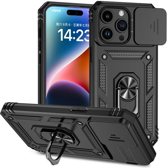 iPhone 15 Pro Max Kickstand Armor Case with Slide Camera Lens Protection Cover Built-in 360° Rotate Ring Holder Stand Magnetic Military Shockproof Phone Cover Case for iPhone 15 Pro Max,
Black