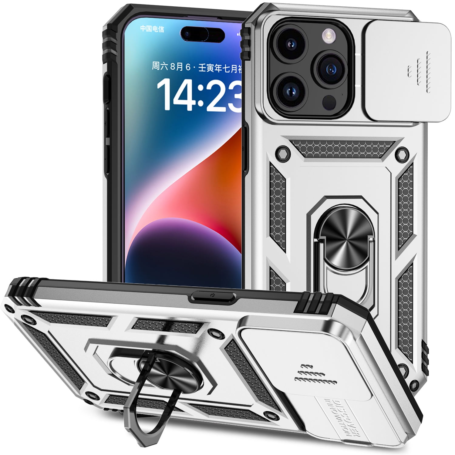 iPhone 15 Pro Max Kickstand Armor Case with Slide Camera Lens Protection  Cover Built-in 360? Rotate Ring Holder Stand Magnetic Military Shockproof  Phone Cover Case for iPhone 15 Pro Max, Silver 