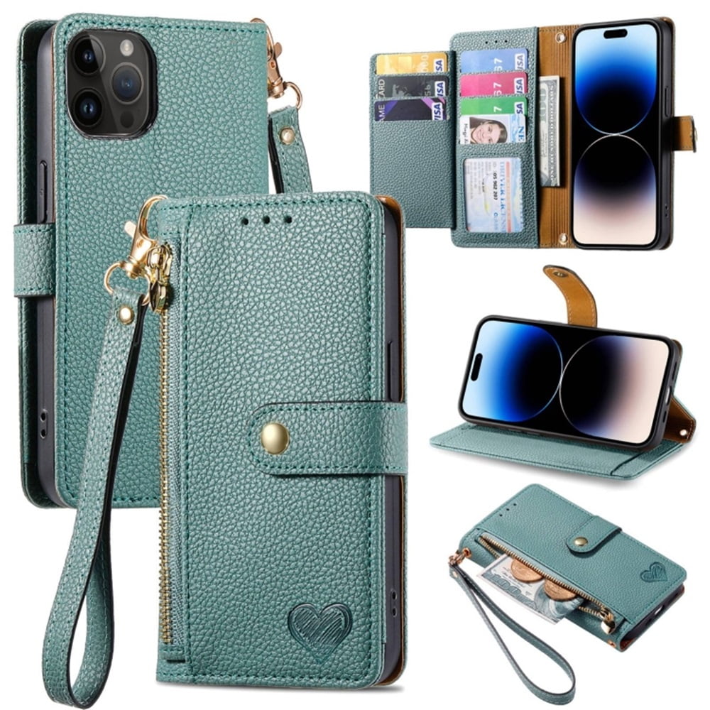 For iPhone 15 Pro Max Leather Phone Case Wallet Zipper Pocket Pouch Folio Flip Cover Kickstand, Multi Anti-theft Card Holder Cash Slot, Double Magnetic Buckle, Wrist Lanyard,Green
