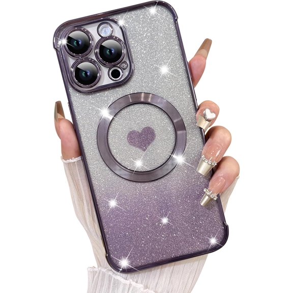for iPhone 15 Pro Max Love Hearts Case,Compatible with MagSafe Plating Camera Protection Clear Phone Case, Glitter for Women Girls Shockproof Bumper 6.7"-Purple