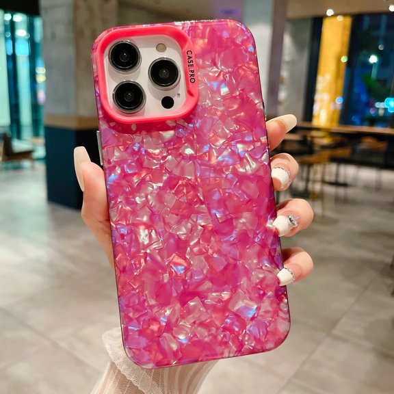 for iPhone 15 Pro Max, Luxury Glossy Glitter Shining Sea Shell Pattern Drop Protection Case Fashionable Shockproof Slim Smooth Phone Cover for Women Girls,rose