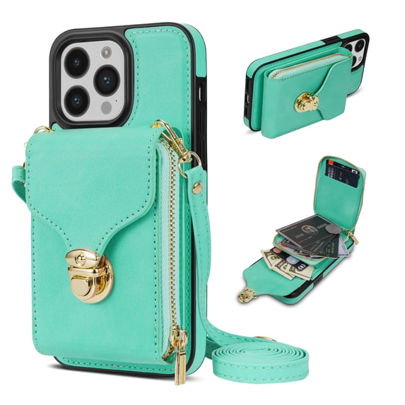 iPhone 15 Pro Max Luxury Leather Case with Card Holder for Women Phone Case Wallet with Strap Credit Card Slots Crossbody Strap with Kickstand Zipper Shockproof Case For iPhone 15 Pro Max,Mint