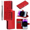 thumbnail image 1 of For iPhone 15 Pro Max Luxury Wallet Case,Embossed Flower Cat[Hand Strap] Handmade Flip Folio Magnetic Closure Cover with [Kickstand Function] Credit Card Holder For iPhone 15 Pro Max, Red, 1 of 8