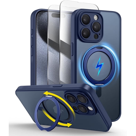 iPhone 15 Pro Max MagSafe Case with Stand, Upgraded [Full Camera Protection] Slim and Grippy, Anti-Slip Shockproof Translucent Phone Case 15 Pro Max with[2 Screen Protectors] 6.7 inch, Blue