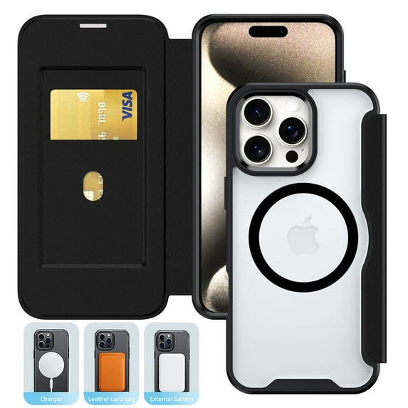 for iPhone 15 Pro Max Magnetic Case Compatible with Mag-Safe Slim Flip Protective PU Leather Wallet Case with RFID Blocking Card Slots Holder Clear Back Phone Cover for iPhone 15 Pro Max, Black