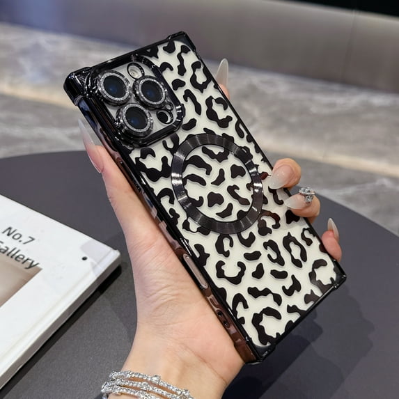 for iPhone 15 Pro Max Magnetic Case, Luxury Leopard Print Pattern Plating Phone Case with Glitter Bling Lens Circle, Support Wireless Charging, Clear Shockproof Back Cover for Women Girls, Black