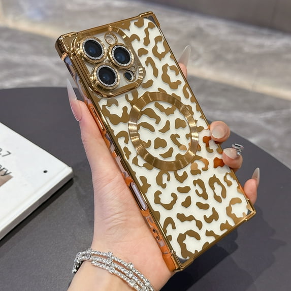 for iPhone 15 Pro Max Magnetic Case, Luxury Leopard Print Pattern Plating Phone Case with Glitter Bling Lens Circle, Support Wireless Charging, Clear Shockproof Back Cover for Women Girls, Gold