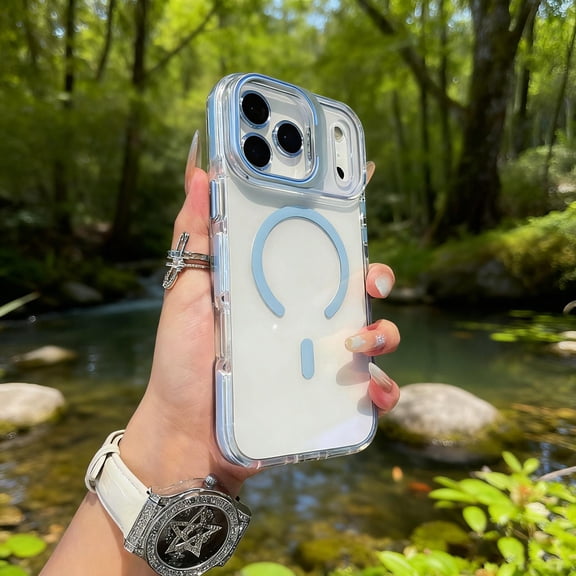 for iPhone 15 Pro Max Magnetic Case [with Camera Lens Stand] [Compatible with Mag-Safe] Not Yellowing Crystal Clear Transparent Shockproof Protective Phone Cover for iPhone 15 Pro Max, Blue