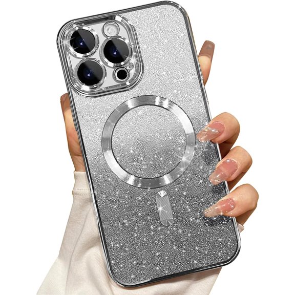 for iPhone 15 Pro Max Magnetic Glitter Case Compatible with MagSafe,Camera Lens Protector Full Protection Elegant Anti-Scratch Dust-Proof Net Case Cover for iPhone 15 Pro Max Silver
