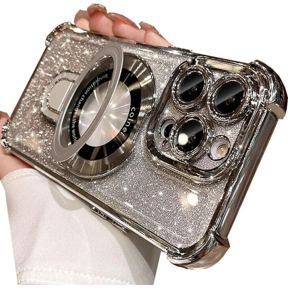 for iPhone 15 Pro Max Magnetic Glitter Case,[Compatible with Magsafe] Bling Sparkly with Invisible Kickstand Stand Camera Protector Clear Plating Women Girls Case for iPhone 15 Pro Max,Silver