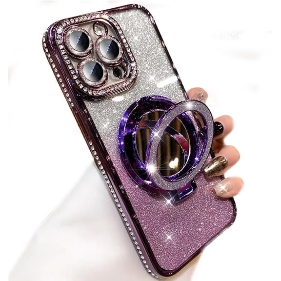 for iPhone 15 Pro Max Magnetic Kickstand Glitter Case, [Compatible with Magsafe] Shockproof Bling Diamond Makeup Mirror Camera Protector Bling Girly Cute Cover for iPhone 15 Pro Max (Purple)