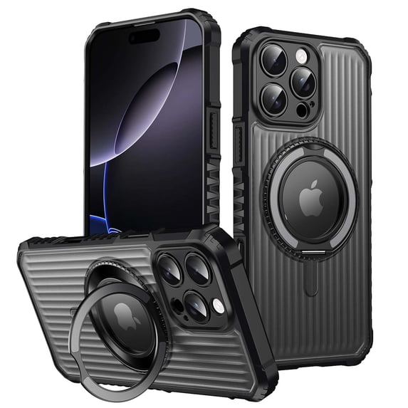 For iPhone 15 Pro Max Magnetic Phone Case,360°Rotatable Ring Kickstand,Compatible with Mag-Safe,4 Thickened Corners Protective,Clear Logo View,Shockproof Non-slip Translucent Phone Case,Gray