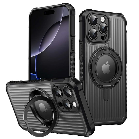 For iPhone 15 Pro Max Magnetic Phone Case,360°Rotatable Ring Kickstand,Compatible with Mag-Safe,4 Thickened Corners Protective,Clear Logo View,Shockproof Non-slip Translucent Phone Case,Black