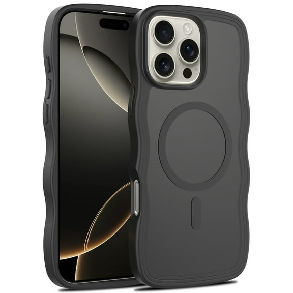 For iPhone 15 Pro Max Magnetic Phone Case,Compatible with Mag-safe,Wavy Frame Cute Design,Shockproof Anti-fall Translucent Matte Skin-Feel  Durable Rugged Thin Fit Phone Case,Black