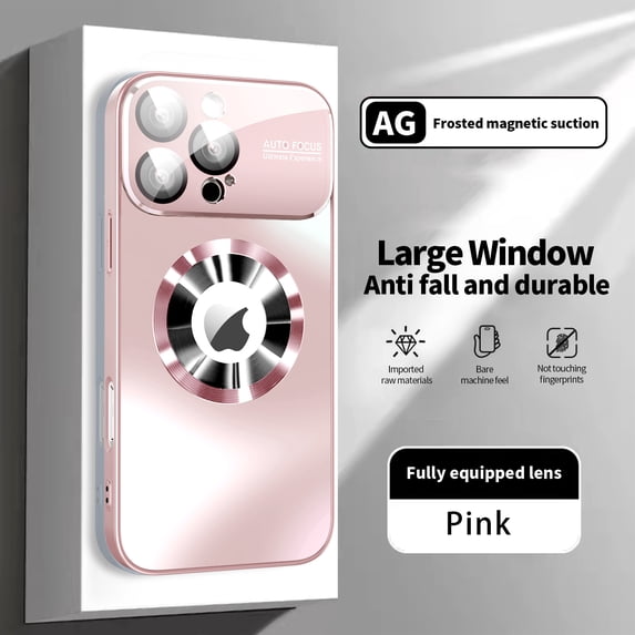 For iPhone 15 Pro Max Magnetic Phone Case,Compatible With MagSafe,Logo View Design,With Camera Lens Film ,Anti-fall Shockproof Rugged Anti-Scratch Ultra Slim Phone Case Cover,Pink