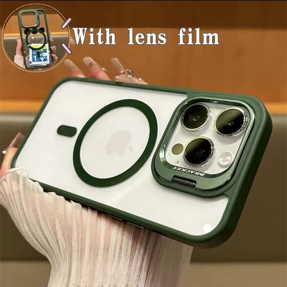 for iPhone 15 Pro Max Magnetic Phone Case, Compatible with MagSafe, Military-Grade Protective Case, With Lens Flim, Built-in Stash Camera Stand Phone Case, Scratch-Resistant Back Cover,Darkgreen