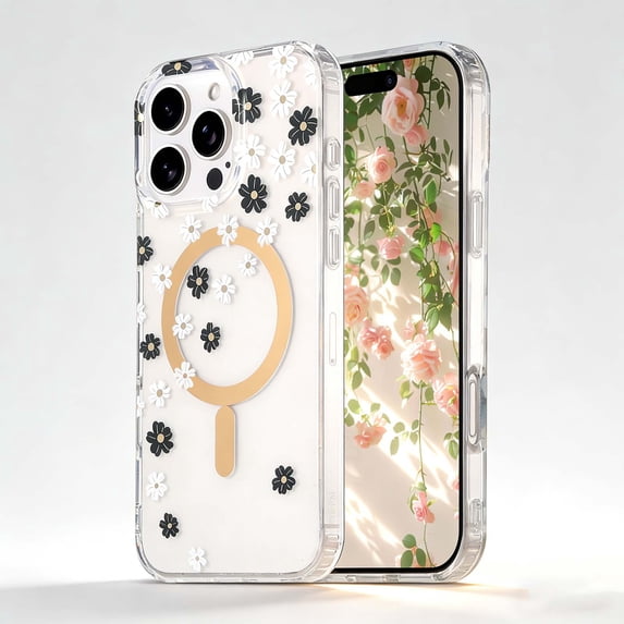 For iPhone 15 Pro Max Magnetic Phone Case,Elegant Floral Print Design,Compatible With Wireless Charging,PC + TPU Hybrid Ultra Slim Shockproof Drop Protection,Anti-Slip Thin Fit Phone Case,B