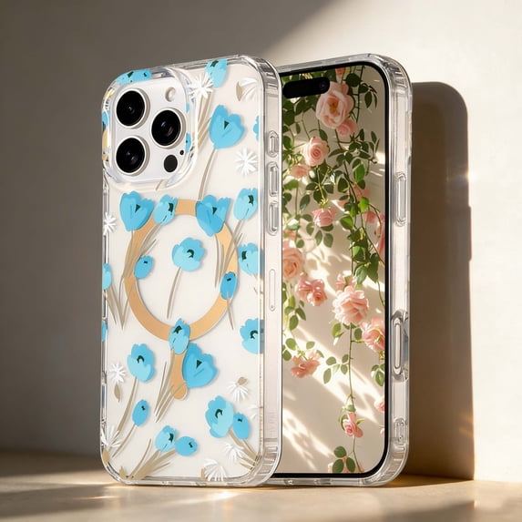For iPhone 15 Pro Max Magnetic Phone Case,Elegant Floral Print Design,Compatible With Wireless Charging,PC + TPU Hybrid Ultra Slim Shockproof Drop Protection,Anti-Slip Thin Fit Phone Case,E