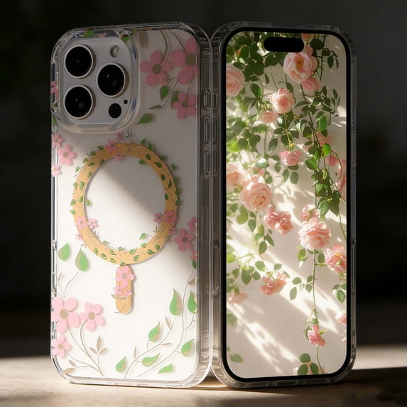 For iPhone 15 Pro Max Magnetic Phone Case,Elegant Floral Print Design,Compatible With Wireless Charging,PC + TPU Hybrid Ultra Slim Shockproof Drop Protection,Anti-Slip Thin Fit Phone Case,C