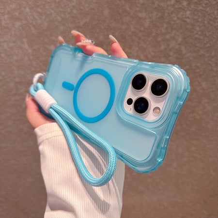 For iPhone 15 Pro Max Magnetic Phone Case,With Wrist Strap,Compatible with Mag-Safe,3-in-1 Heavy Duty Shockproof Frosted Translucent Rugged Anti-Scratch Anti-Drop Slim Phone Case,Blue