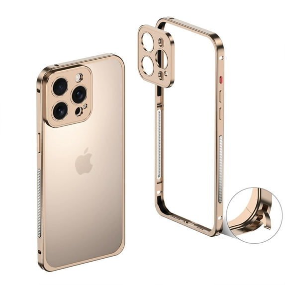 For iPhone 15 Pro Max Metal Bumper Phone Case,Bumper Frame Slim Fit No Back Design Excellent Heat Dissipation,with Lens Protection,Shockproof Anti-fall Rugged Frame Phone Case,Gold