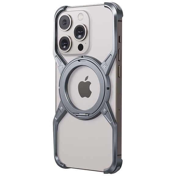 For iPhone 15 Pro Max Metal Phone Case,360° Rotatable Magnetic Ring Kickstand,Slim Metal Frameless Borderless Cover,Shockproof Anti-fall Drop Protection,Heat Dissipation Durable Case,Gray