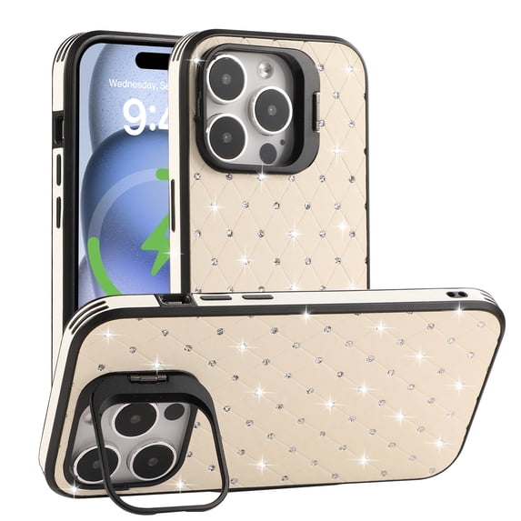 for iPhone 15 Pro Max PC Back Case, Luxury Glitter Diamond Ultra Slim Drop Protective Shockproof Camera Cover Bracket Lightweight Anti-Scratch Phone Case Cover for iPhone 15 Pro Max, White