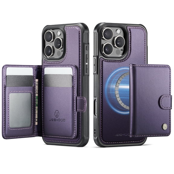 For iPhone 15 Pro Max Phone Case,2-in-1 Magnetic Removable Card Holder,Compatible With Mag-Safe,PU Leather + TPU + PC Hybrid Shockproof Anti-fall Protection,Durable Phone Case,Purple