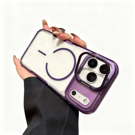 For iPhone 15 Pro Max Phone Case,Clear Back Design,Compatible with Mag-Safe,With Lens Ring Kickstand,Ultra Slim Shockproof Anti-fall Drop Protection Anti-Scratch Rugged Phone Case,Purple