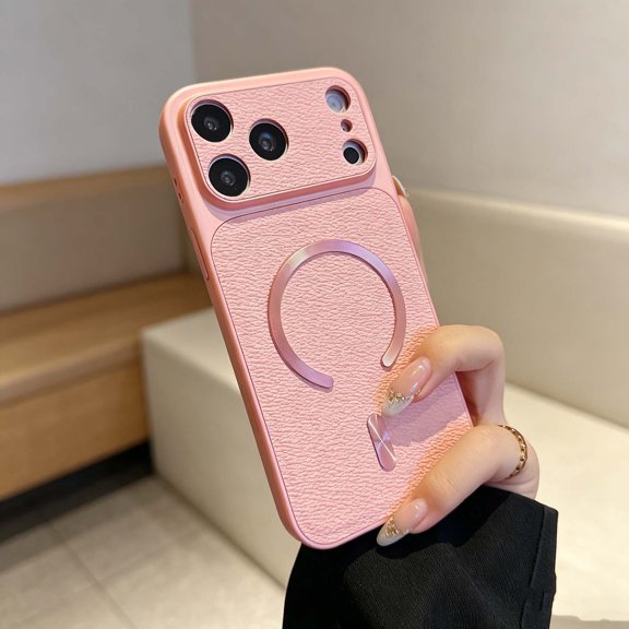 For iPhone 15 Pro Max Phone Case,Compatible with Mag-Safe,Anti-Scratch Luxury PU Leather Back Design,Non-Slip Hybrid Shockproof Drop Protection,Ultra Slim Classic Rugged Phone Case,Pink