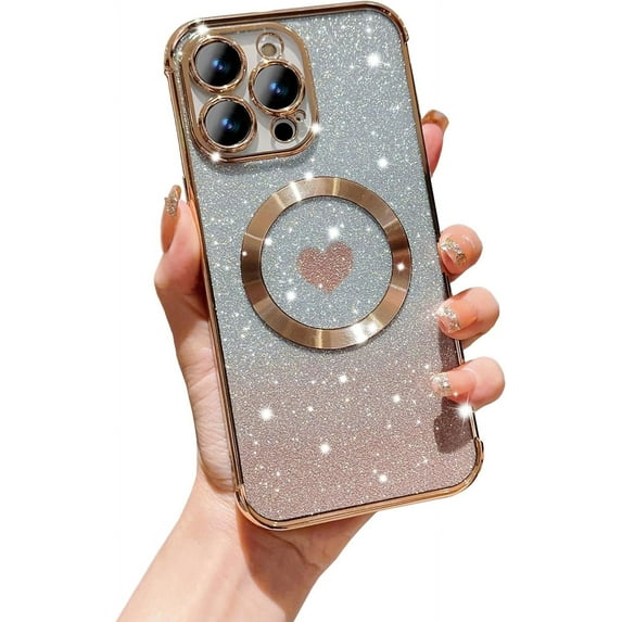 for iPhone 15 Pro Max Phone Case,Compatible with Magsafe,Magnetic Luxury Plating Glitter Gradient Bling Cute Heart Clear Case,Camera Protection Case for iPhone 15 Pro Max 6.7 Inch -Golden
