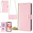 thumbnail image 1 of for iPhone 15 Pro Max Phone Case with RFID Blocking Card Holder Crossbody Chain + Hand Strap Premium PU Leather Flip Case with Magnetic Clasp Kickstand Wallet Shockproof Phone Case,Pink, 1 of 9
