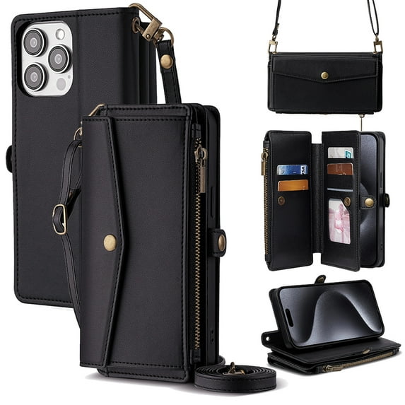 for iPhone 15 Pro Max Phone Case Wallet with Card Holder Zipper Bills Slot, Soft PU Leather Detachable Shoulder Strap and Wrist Strap Kickstand for iPhone 15 Pro Max Rugged Case Cover, Black