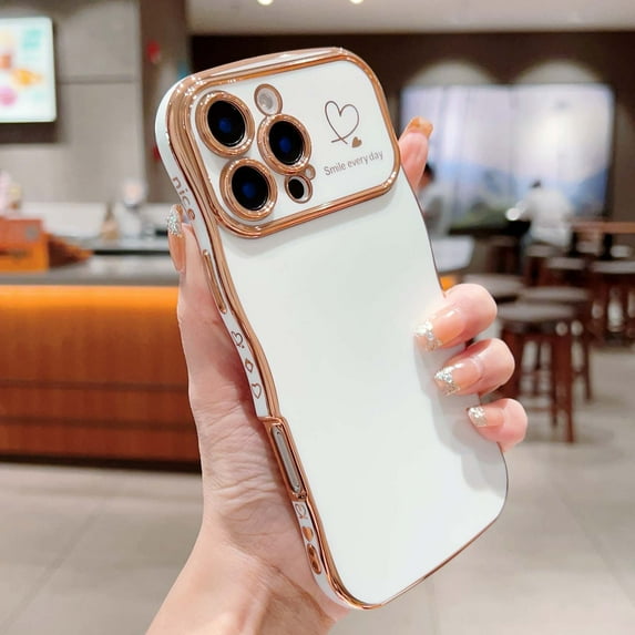 For iPhone 15 Pro Max Phone Case,Wavy Frame Designing,Love Heart Pattern,Luxury Plating Shockproof Anti-fall Soft TPU Ultra Slim Thin Fit Cute Electroplated Phone Case Cover,White